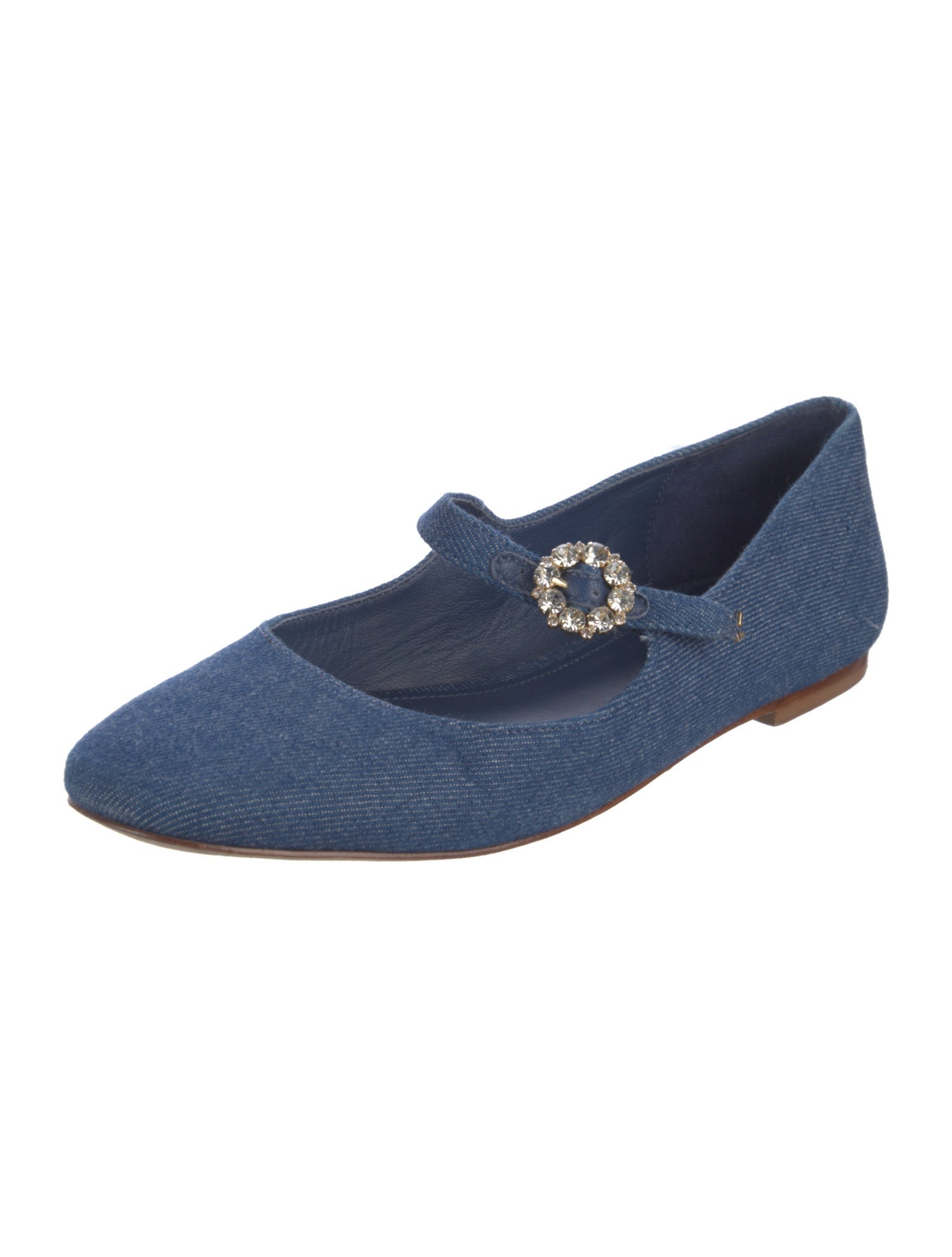 Larroude Denim Crystal Embellishments Mary Jane Flats