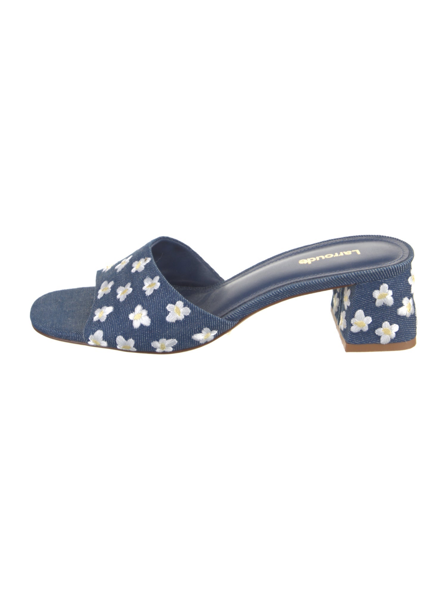 Larroude Denim Floral Print Mules