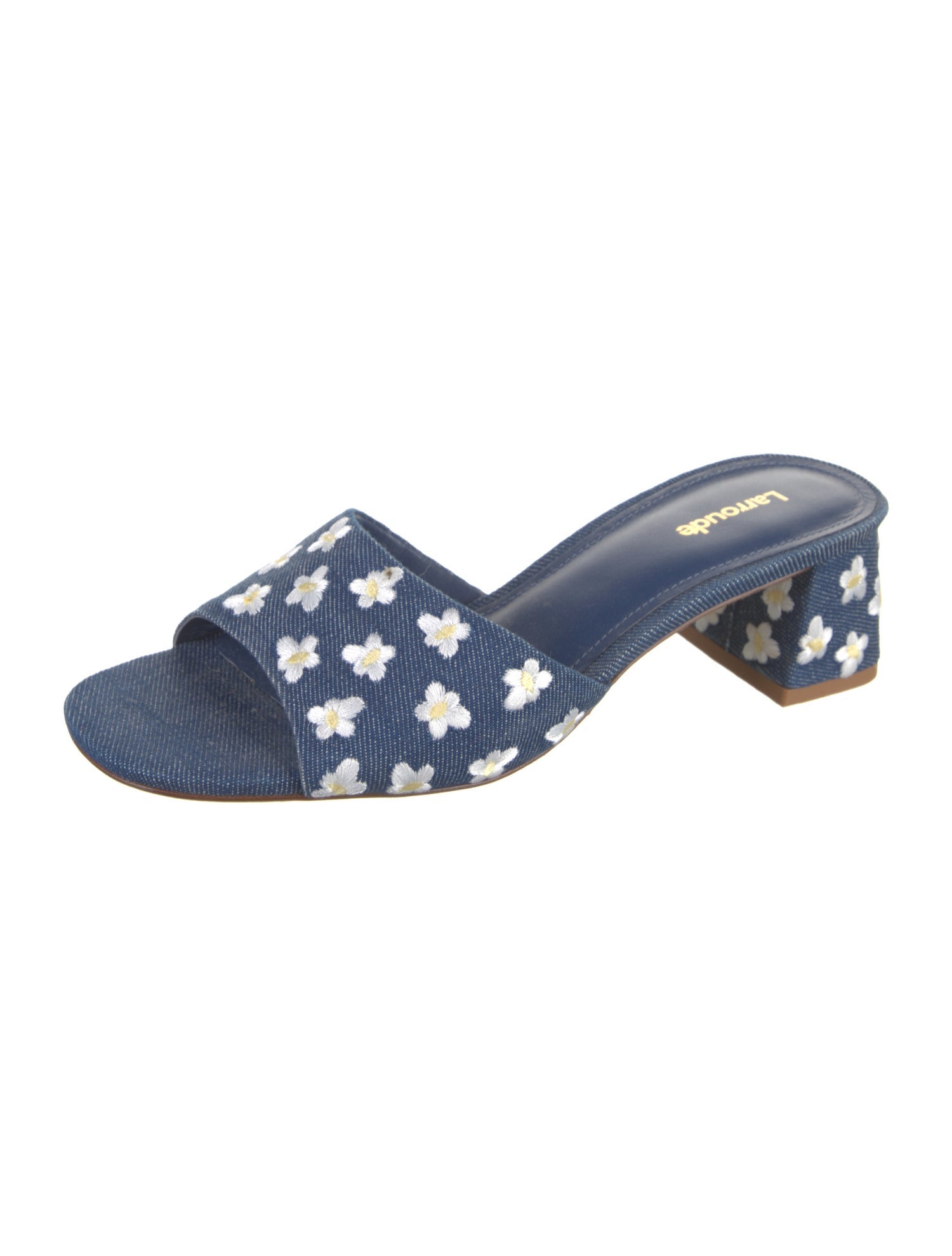 Larroude Denim Floral Print Mules