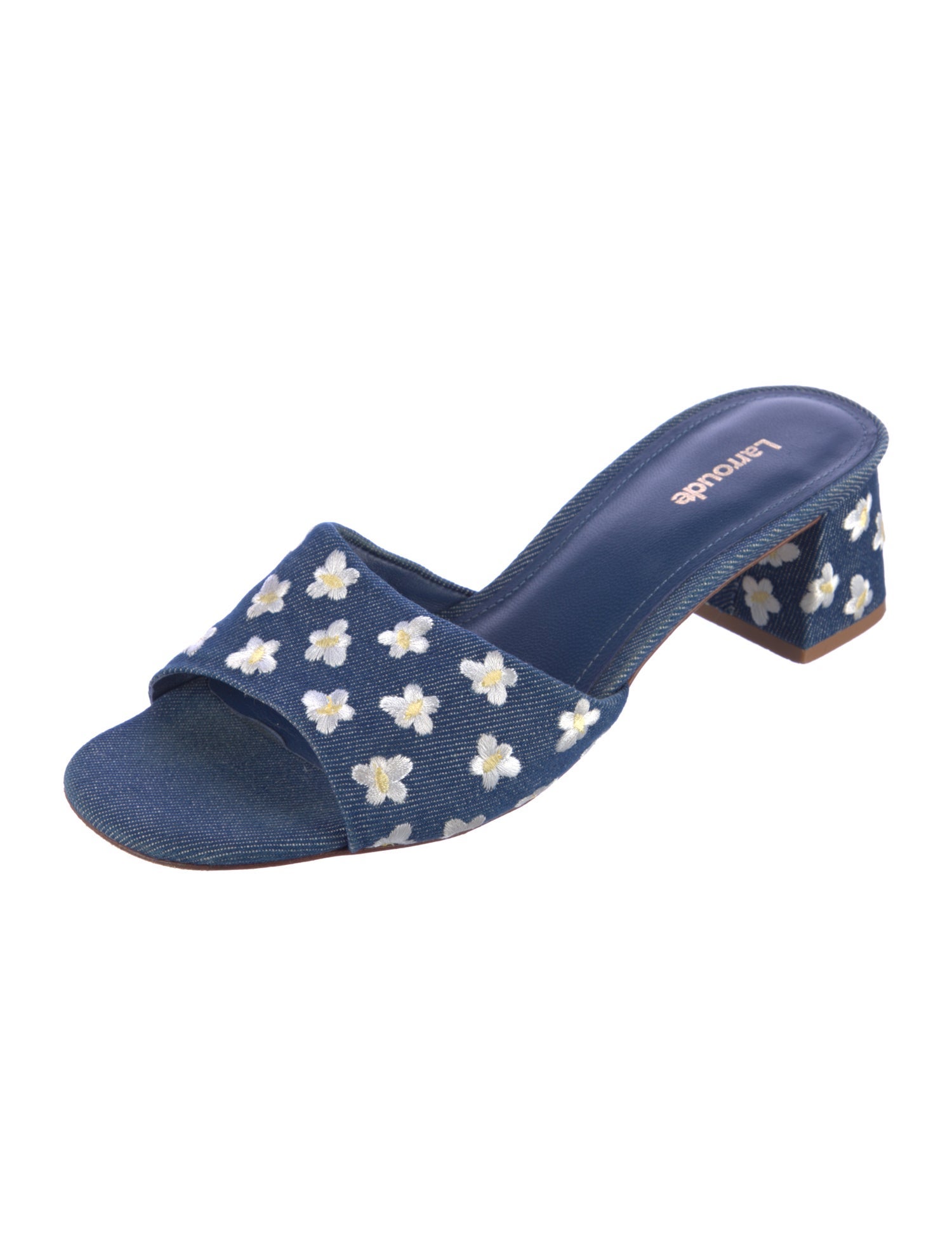 Larroude Denim Animal Print Slides