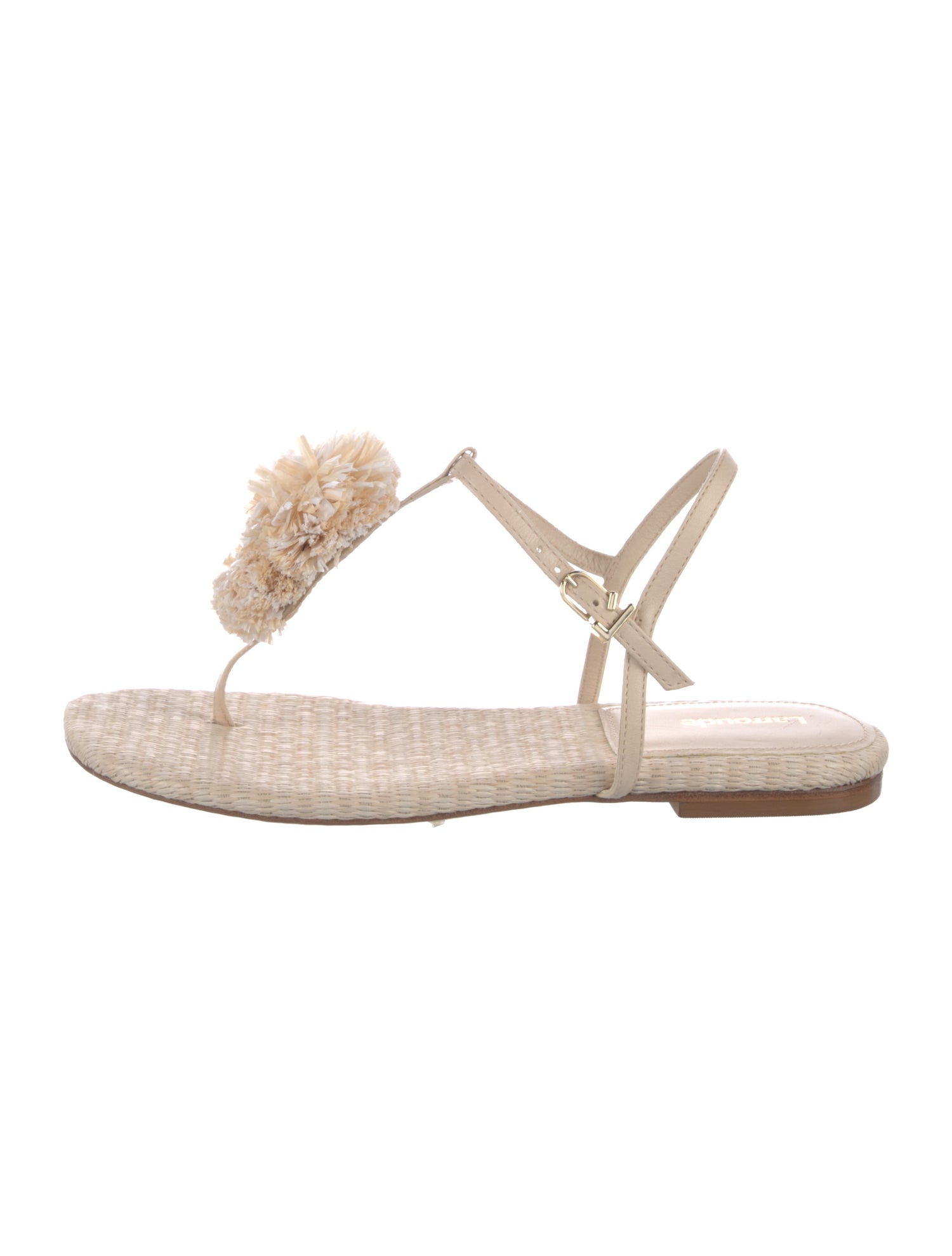 Larroude Raffia Floral Print T-Strap Sandals