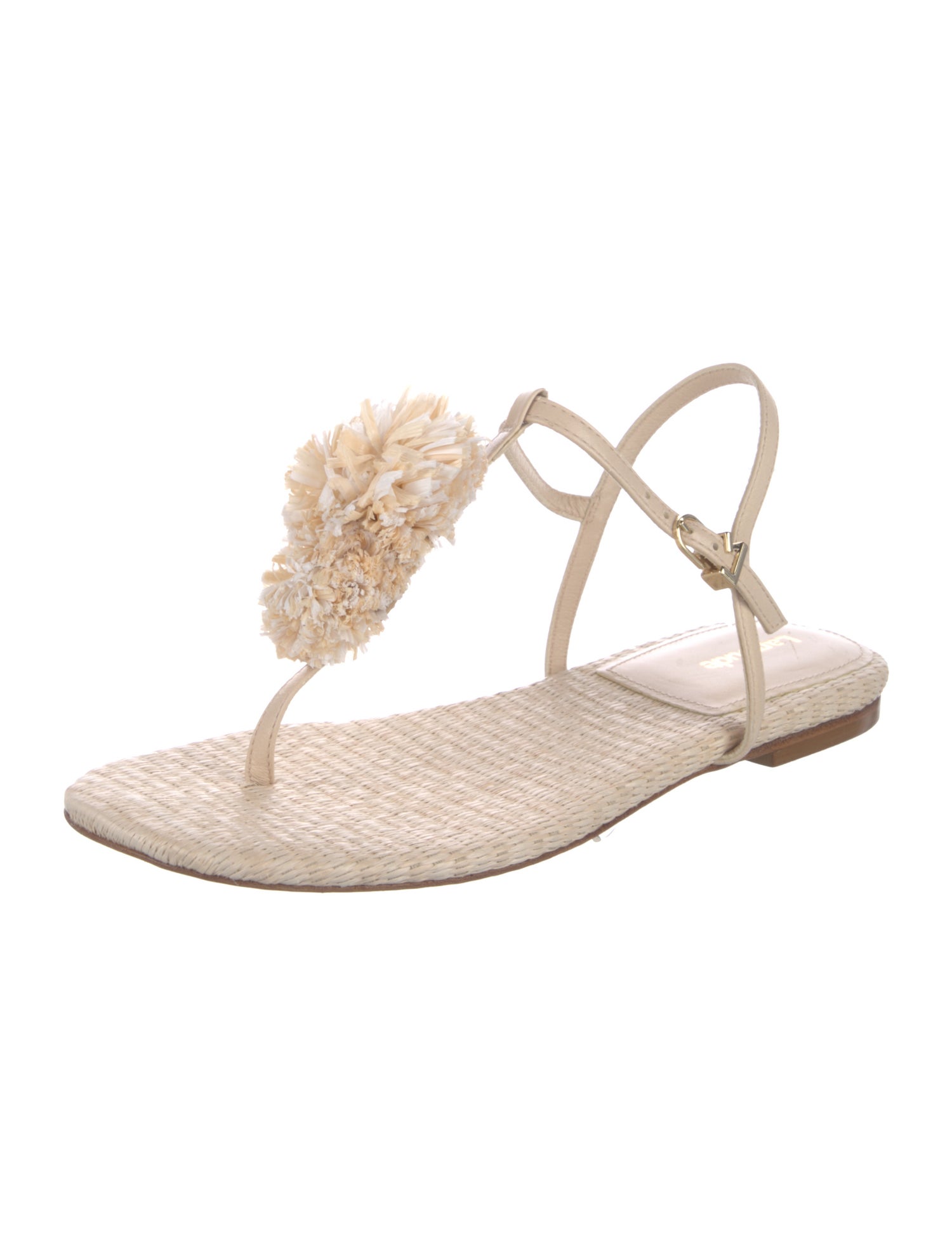 Larroude Raffia Floral Print T-Strap Sandals