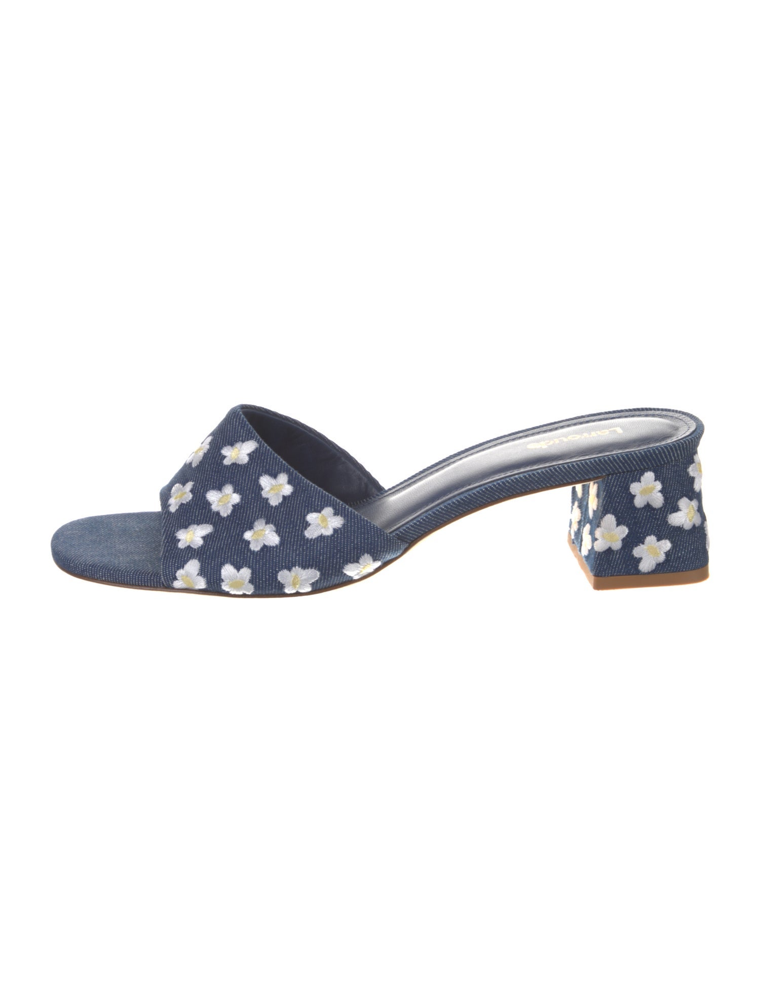 Larroude Denim Floral Print Slides