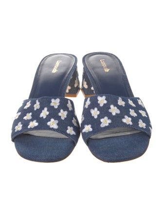 Larroude Denim Floral Print Slides