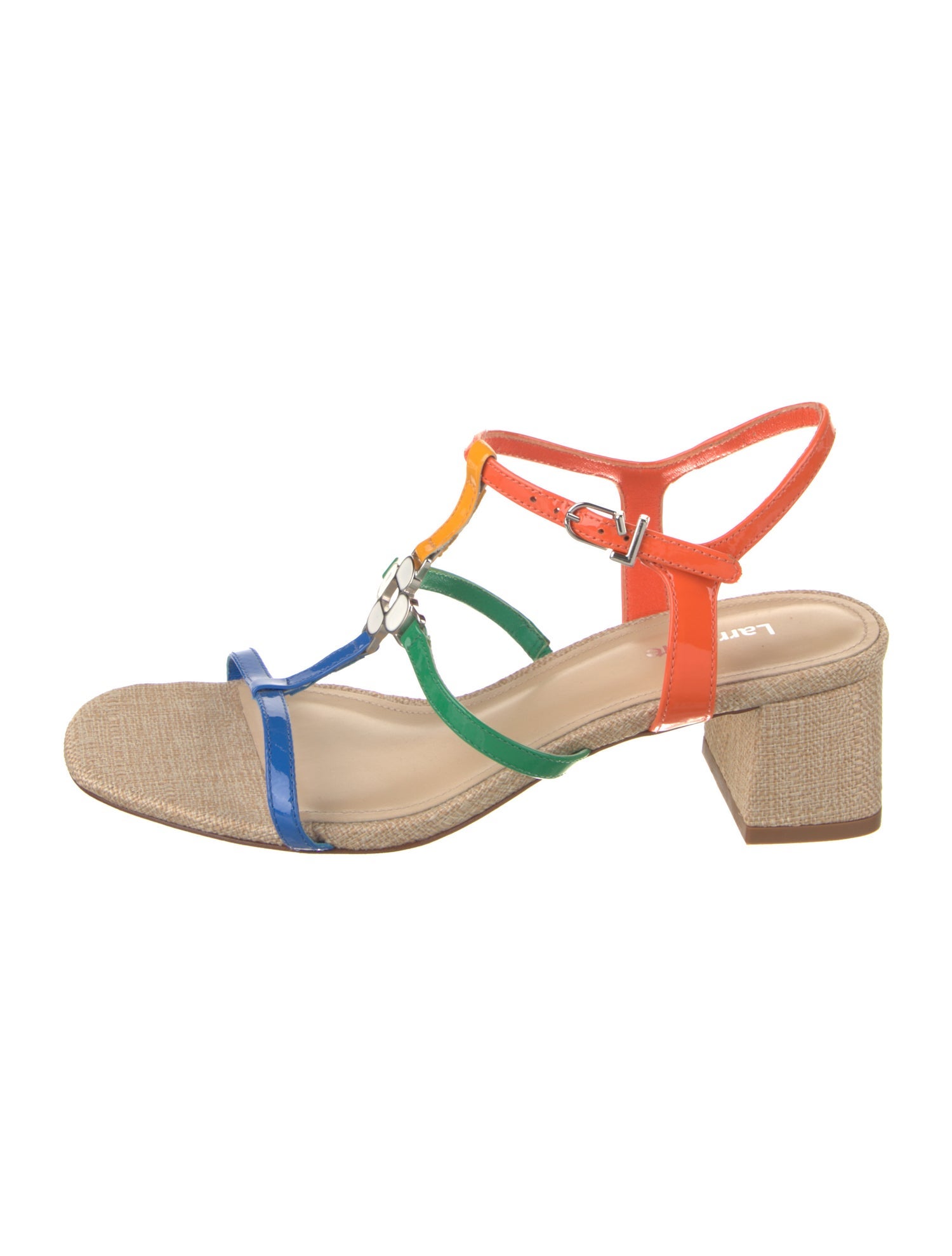Larroude Patent Leather Colorblock Pattern T-Strap Sandals