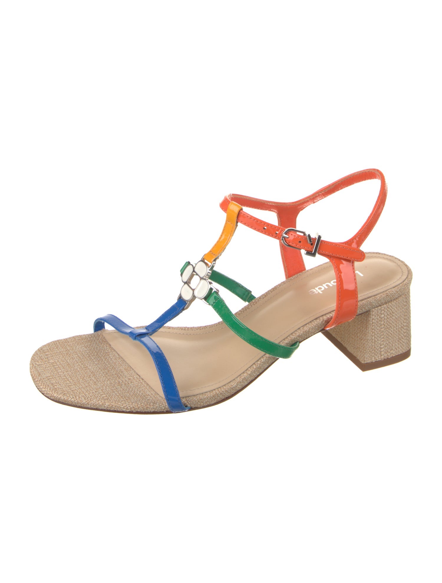 Larroude Patent Leather Colorblock Pattern T-Strap Sandals