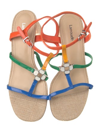 Larroude Patent Leather Colorblock Pattern T-Strap Sandals