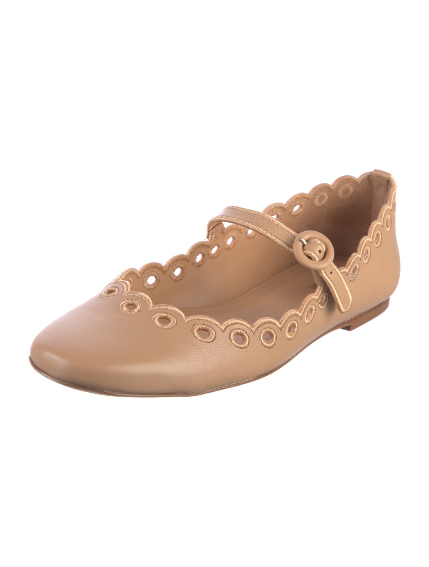 Larroude Leather Scalloped Accent Mary Jane Flats