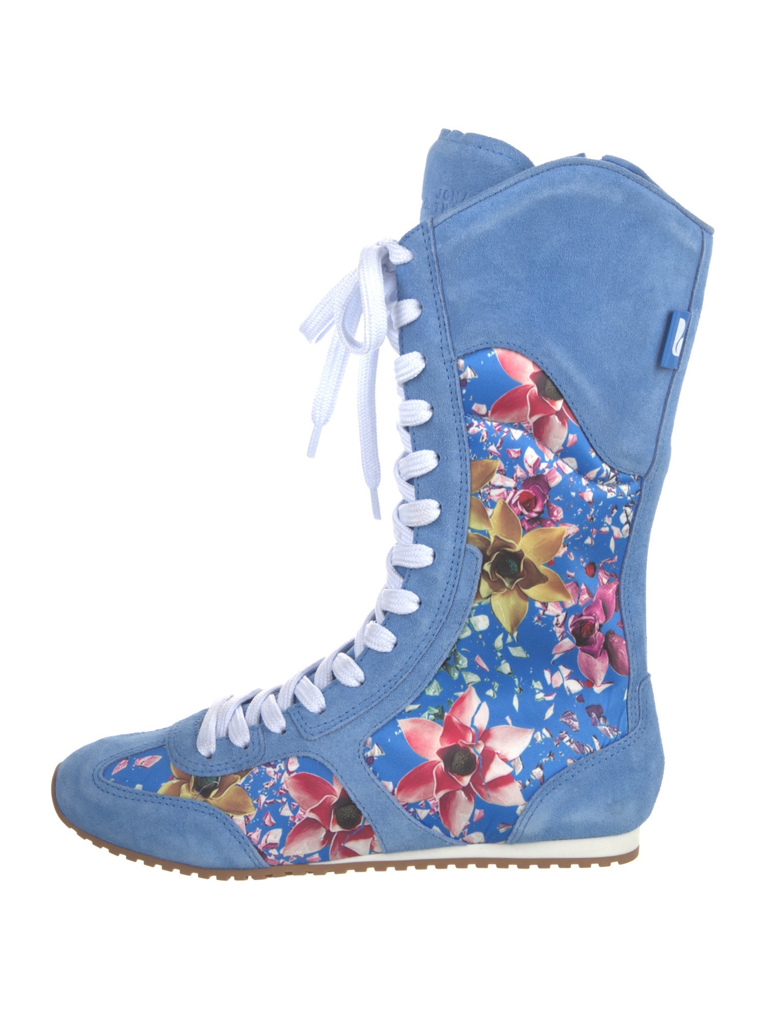 Larroude Suede Floral Print Lace-Up Boots