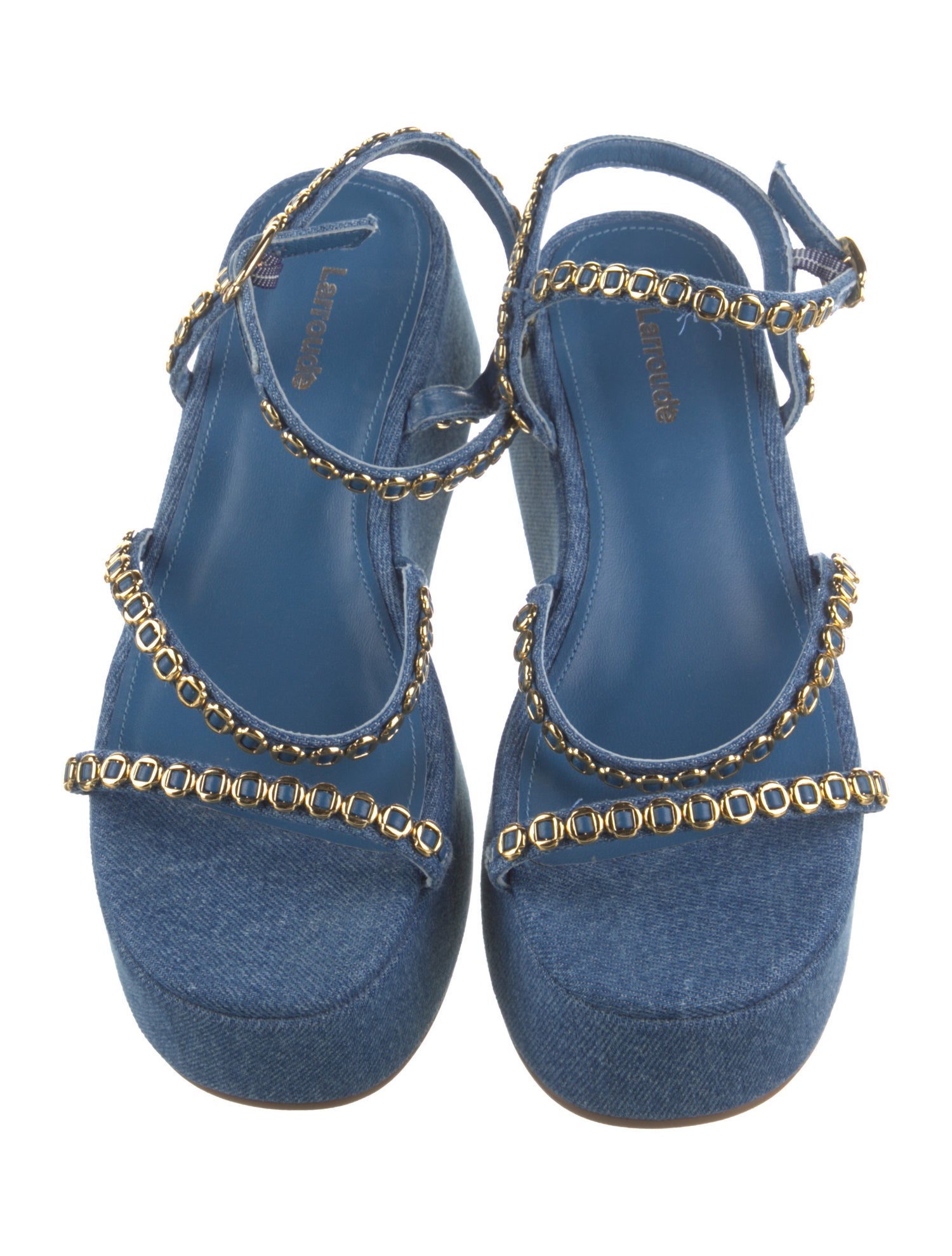 Larroude Denim Chain-Link Accents Slingback Sandals