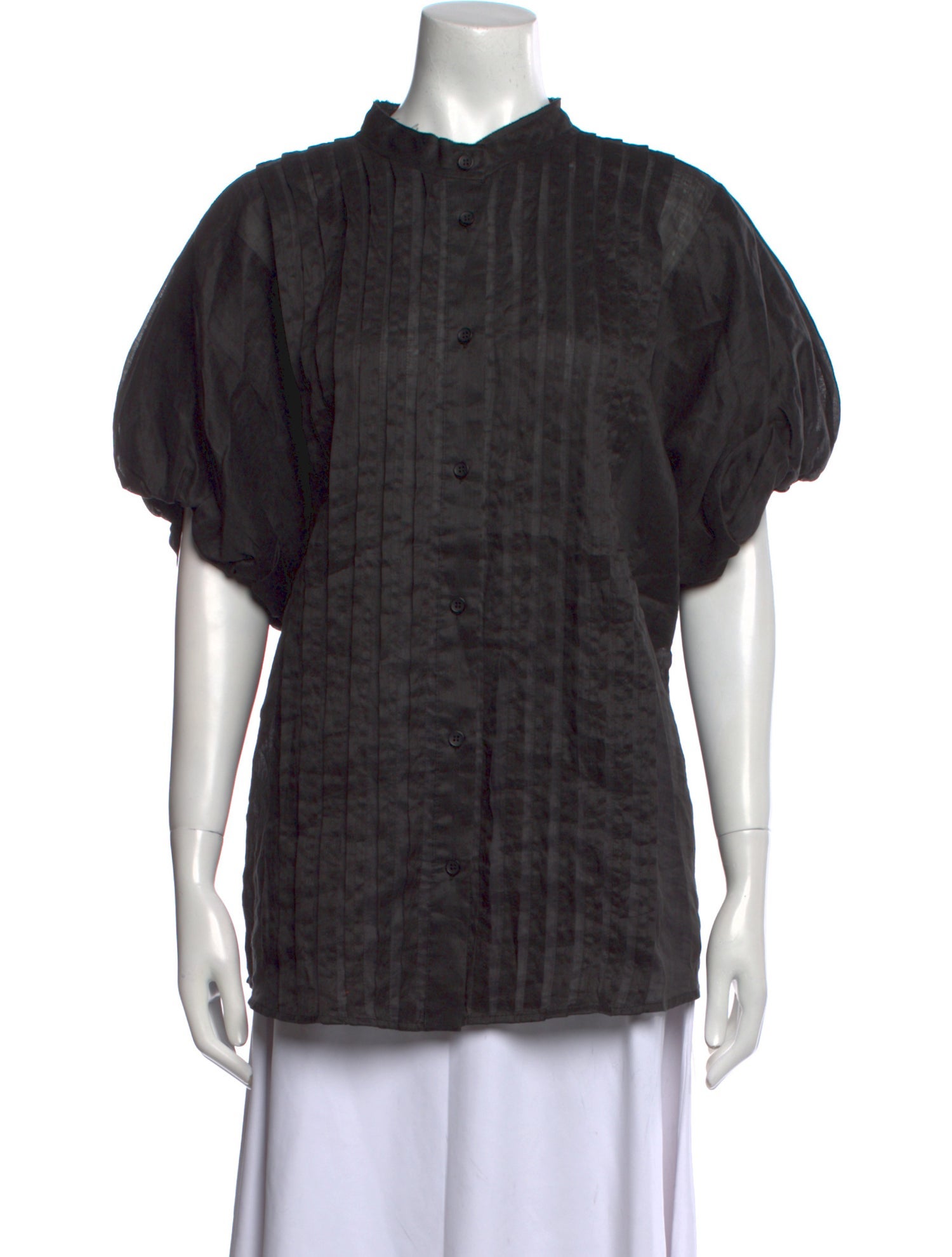 Lee Mathews Mock Neck Short Sleeve Button-Up Top