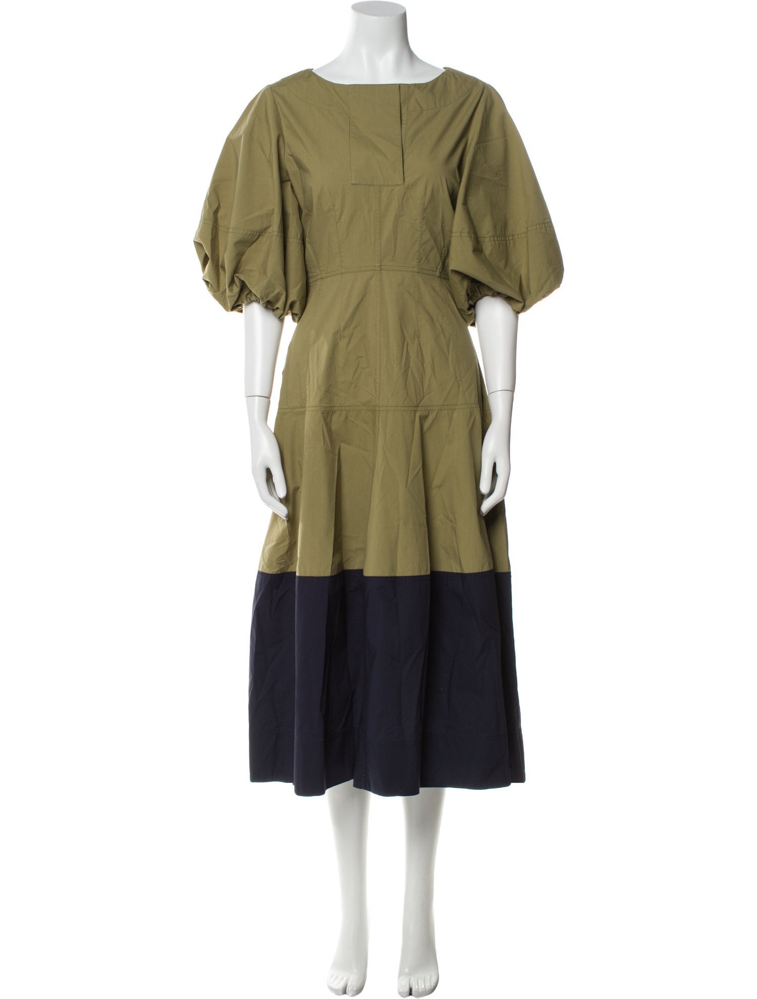Lee Mathews Bateau Neckline Midi Length Dress in Blue/Green, Women's US 0 | XS Lee Mathews Bateau Neckline Midi Length Dress in Blue/Green, Women's US 0 | XS