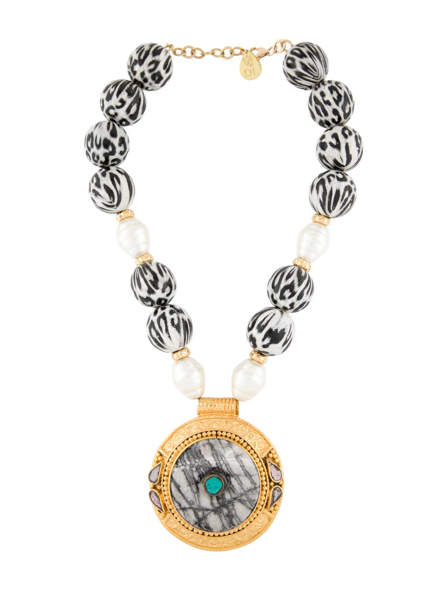 Devon Leigh Pearl, Multicolor Stone & Wood Bead Medallion Pendant Necklace