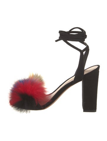 Pre-owned Loeffler Randall Suede Faux Fur Trim Sandals In Black