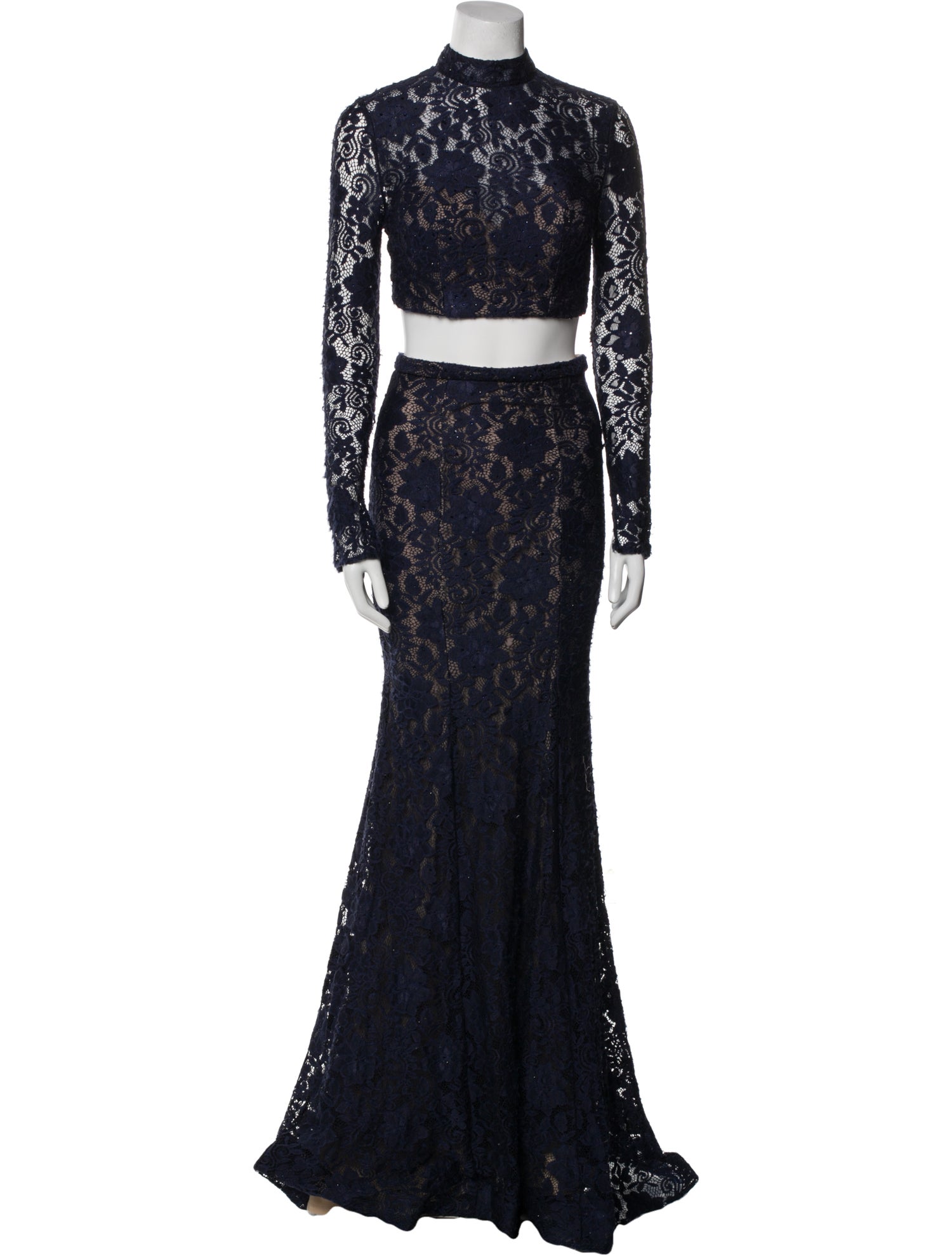 La Femme Lace Pattern Crystal Embellishments Skirt Set