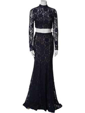 La Femme Lace Pattern Crystal Embellishments Skirt Set