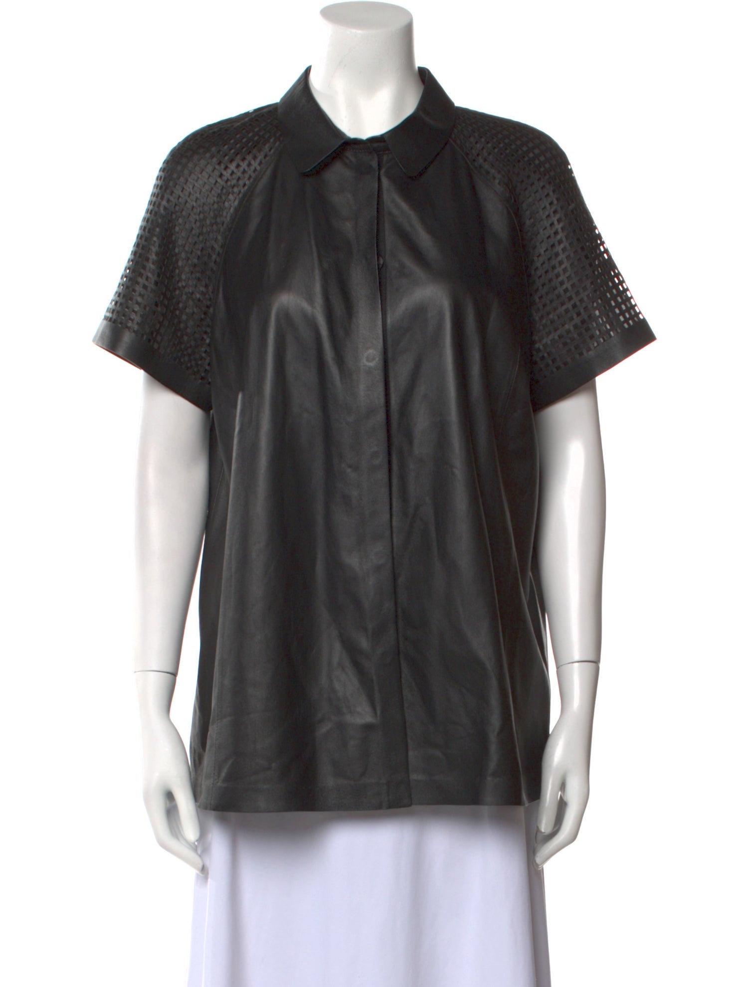 Lafayette 148 Leather Short Sleeve Button-Up Top
