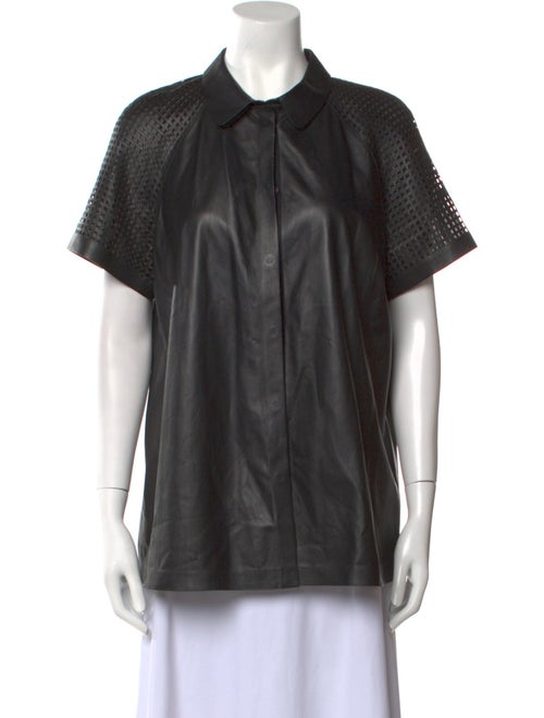 Lafayette 148 Leather Short Sleeve Button-Up Top