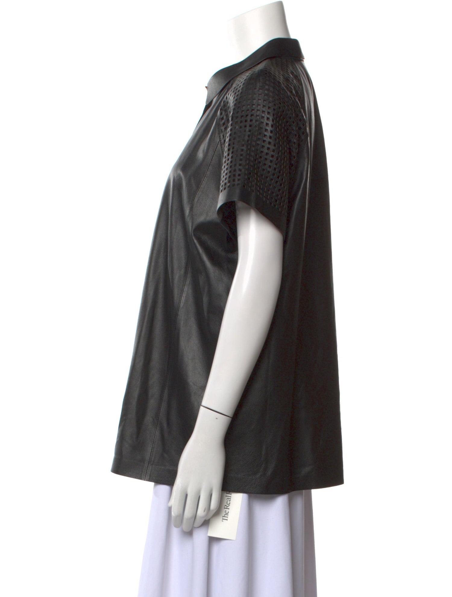 Lafayette 148 Leather Short Sleeve Button-Up Top