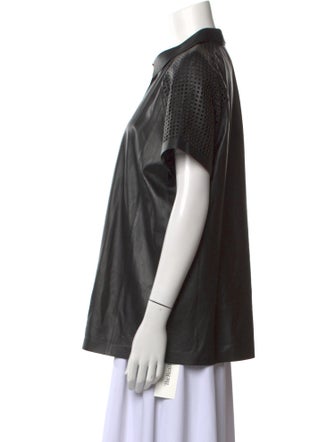 Lafayette 148 Leather Short Sleeve Button-Up Top