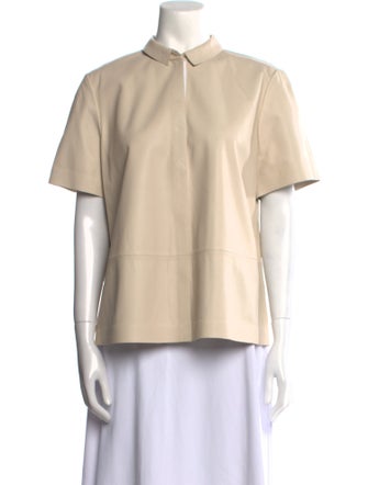 Lafayette 148 Leather Short Sleeve Button-Up Top