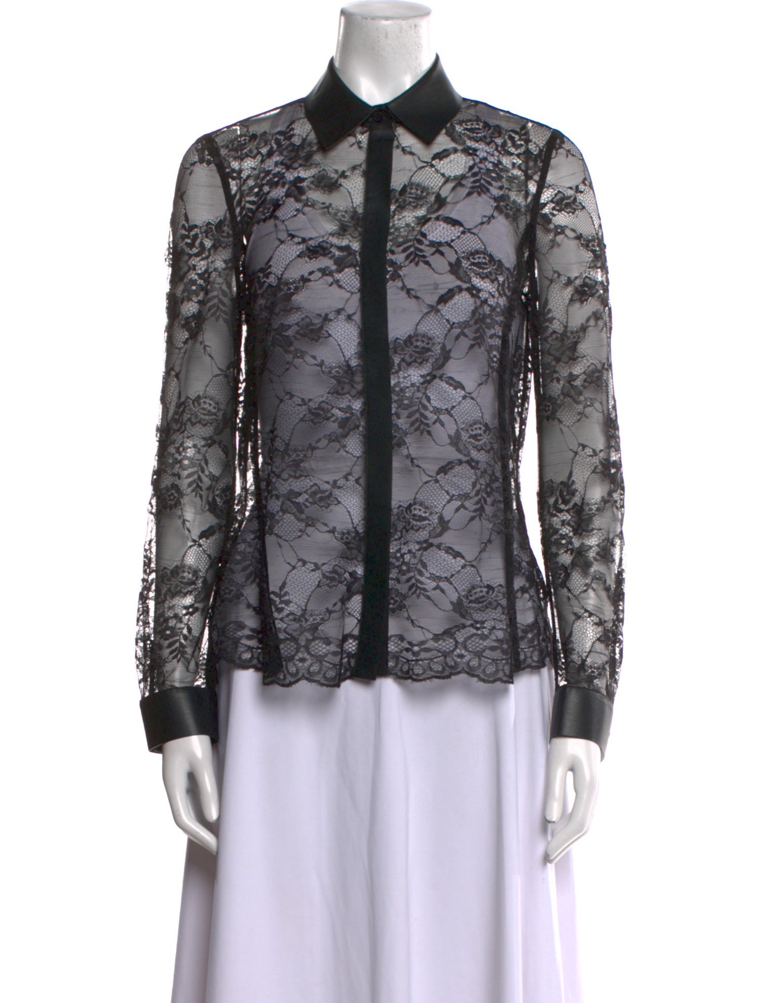 Lafayette 148 Nylon Lace Pattern Button-Up Top