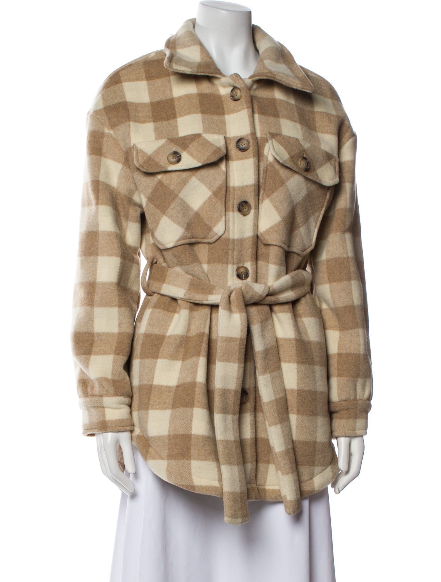 Line & Dot Wool Plaid Print Faux Fur Coat
