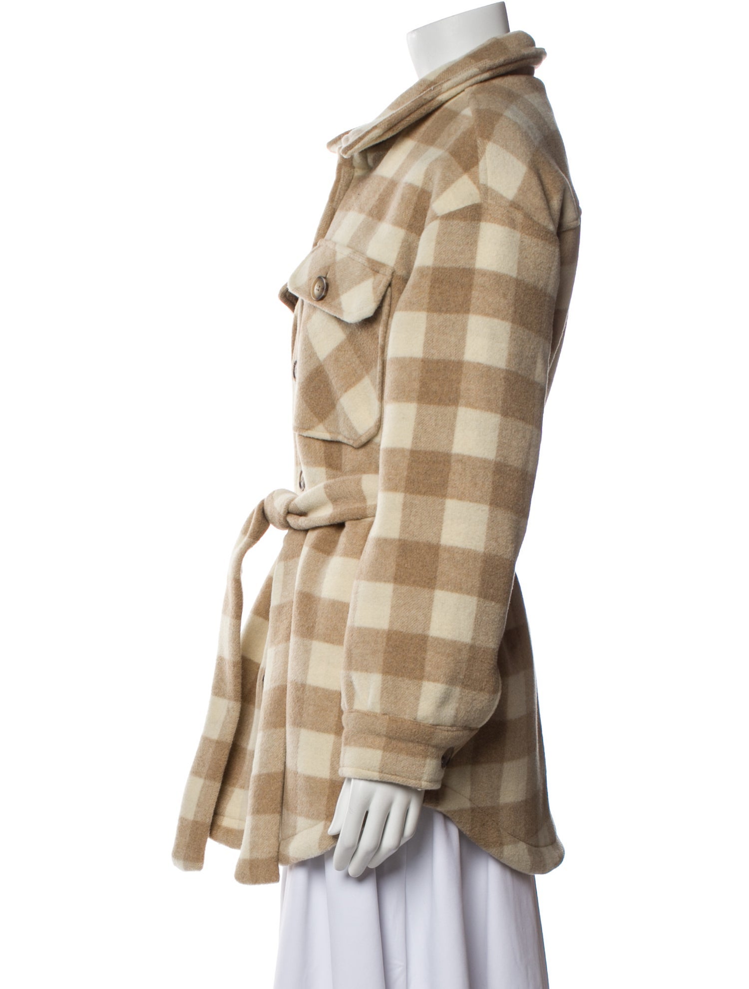 Line & Dot Wool Plaid Print Faux Fur Coat