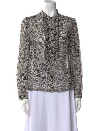 Leggiadro Floral Print Mock Neck Button-Up Top