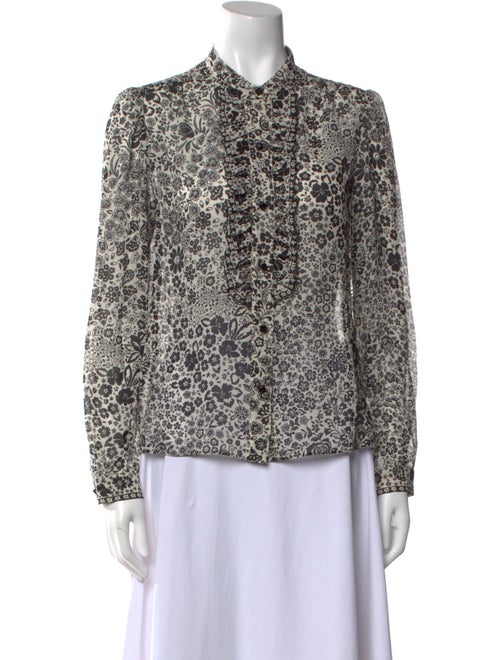 Leggiadro Floral Print Mock Neck Button-Up Top