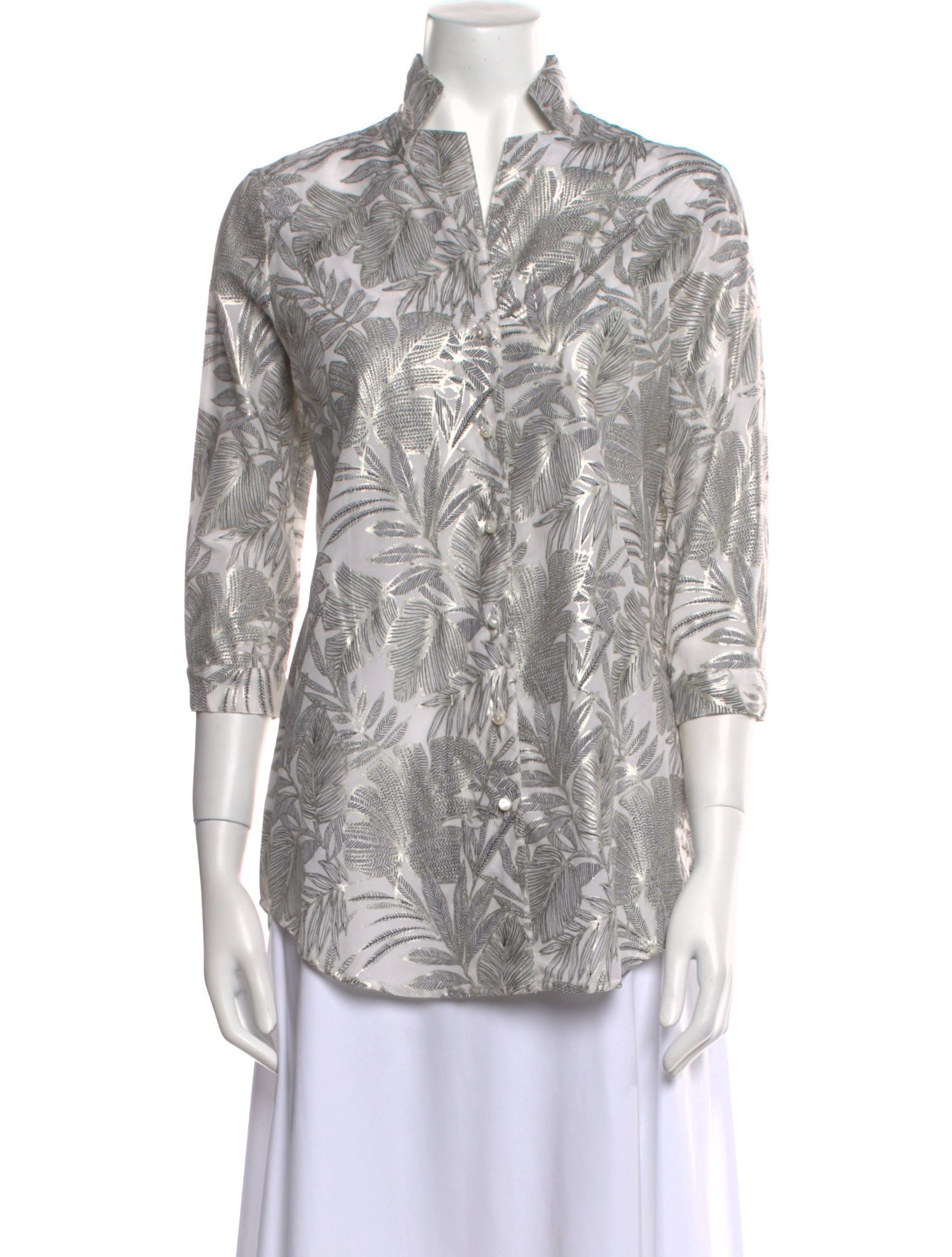 Leggiadro Printed Three-Quarter Sleeve Button-Up Top w/ Tags