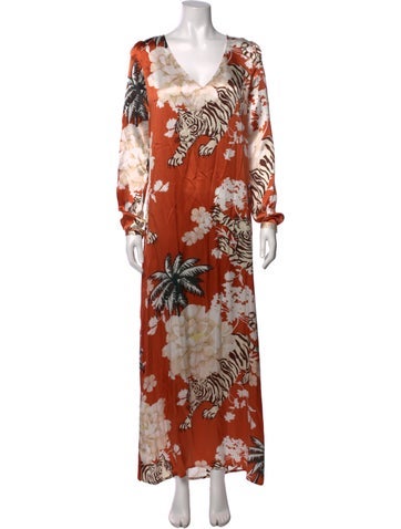 Pre-owned Las Surenas Silk Long Dress In Brown