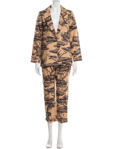 Pre-owned Las Surenas Linen Animal Print Pant Set In Orange