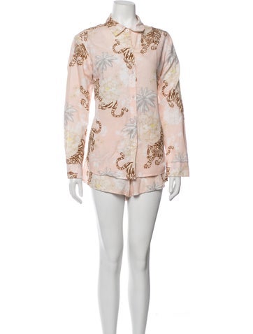 Pre-owned Las Surenas Linen Animal Print Short Set In Multicolor