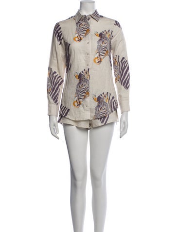Pre-owned Las Surenas Linen Animal Print Short Set In Multicolor