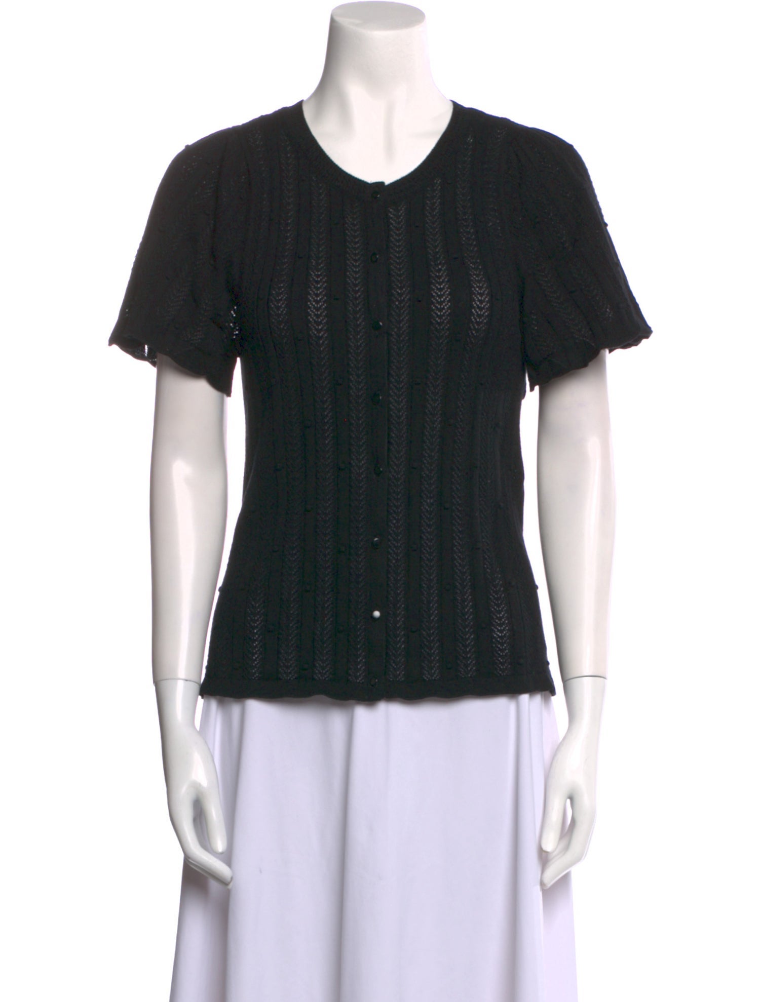 La Maille Sezane Crew Neck Short Sleeve Button-Up Top