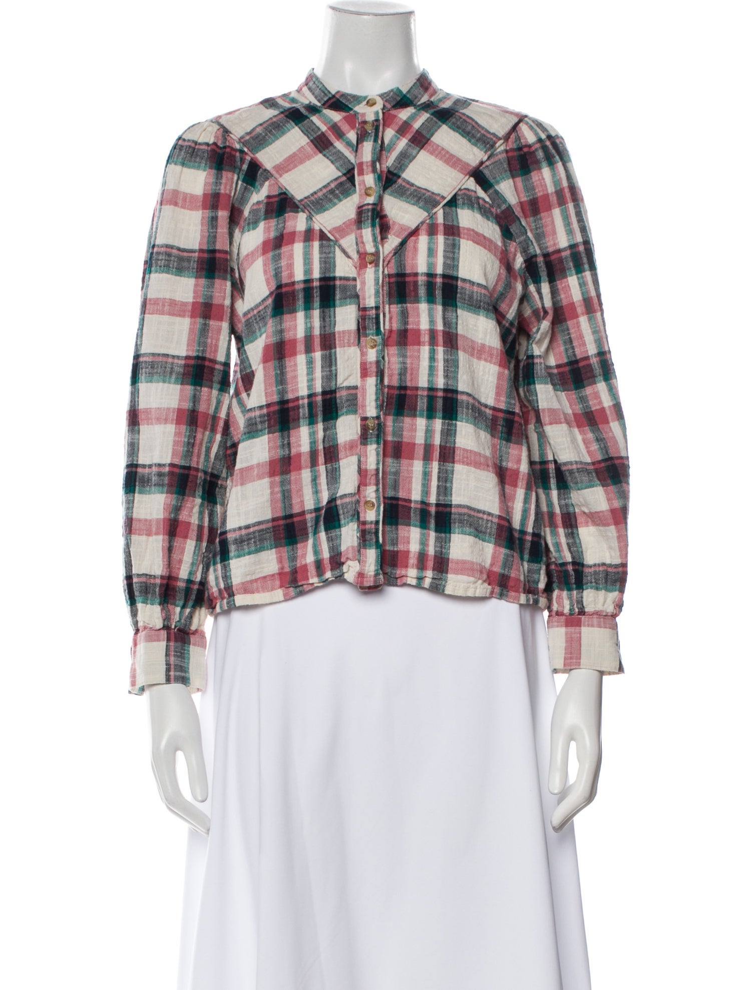La Maille Sezane Plaid Print Mock Neck Button-Up Top