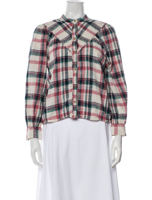 La Maille Sezane Plaid Print Mock Neck Button-Up Top