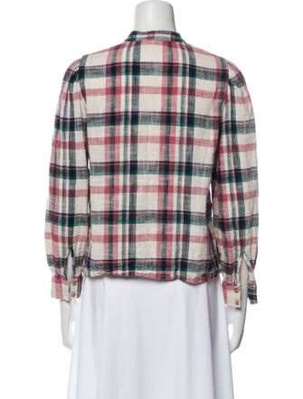 La Maille Sezane Plaid Print Mock Neck Button-Up Top