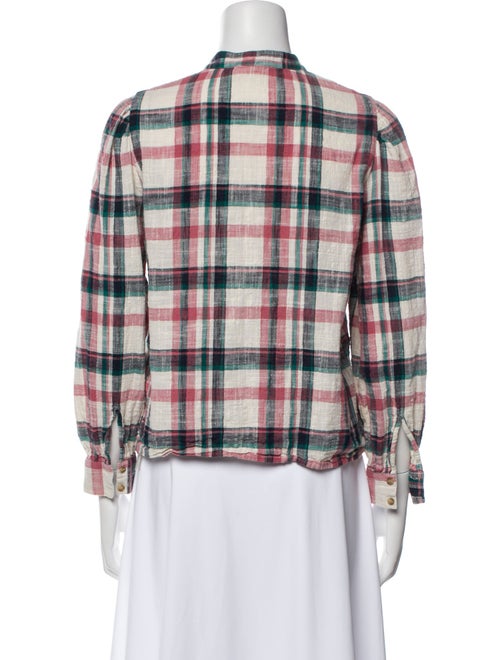 La Maille Sezane Plaid Print Mock Neck Button-Up Top