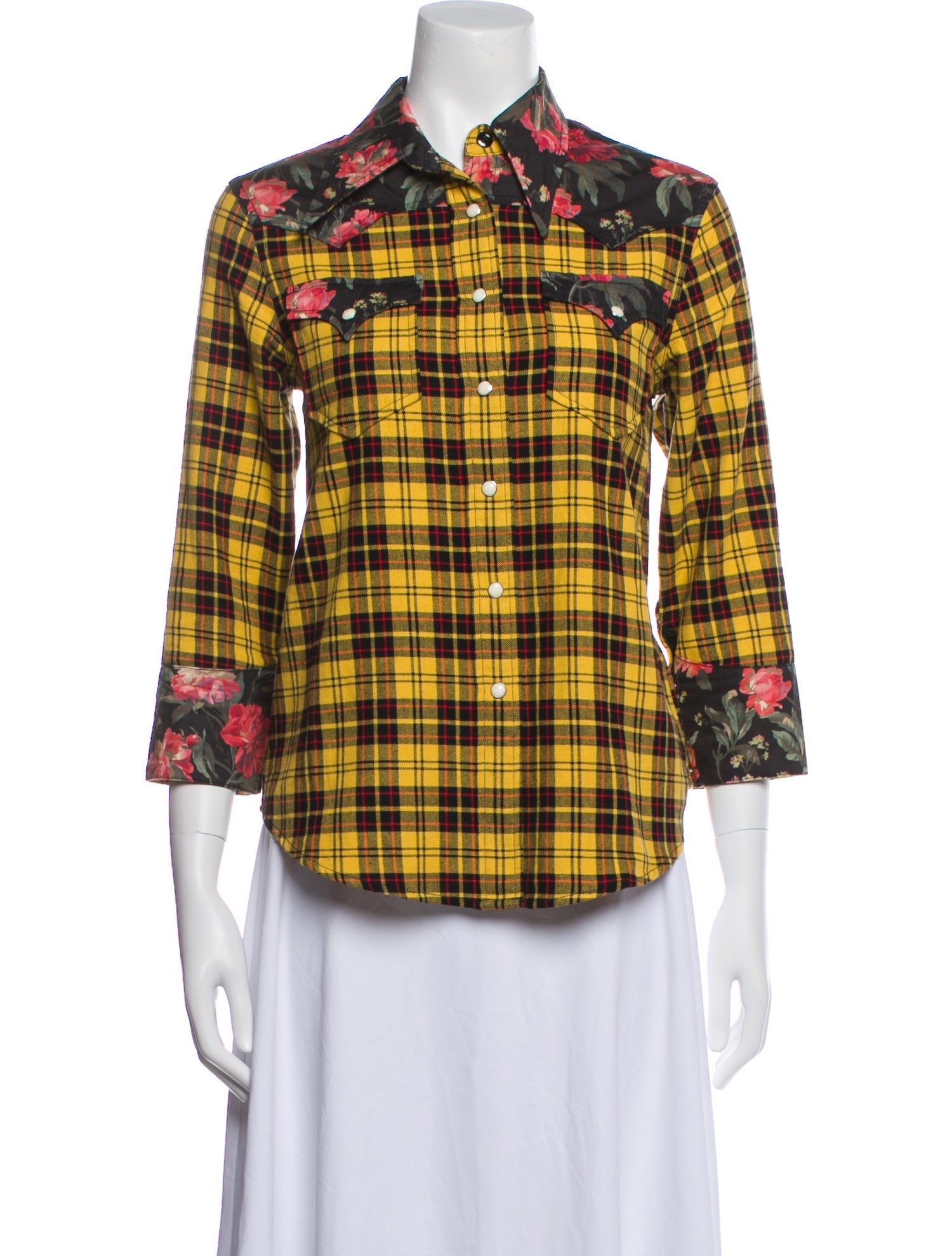 Liberty of London Plaid Print Three-Quarter Sleeve Button-Up Top