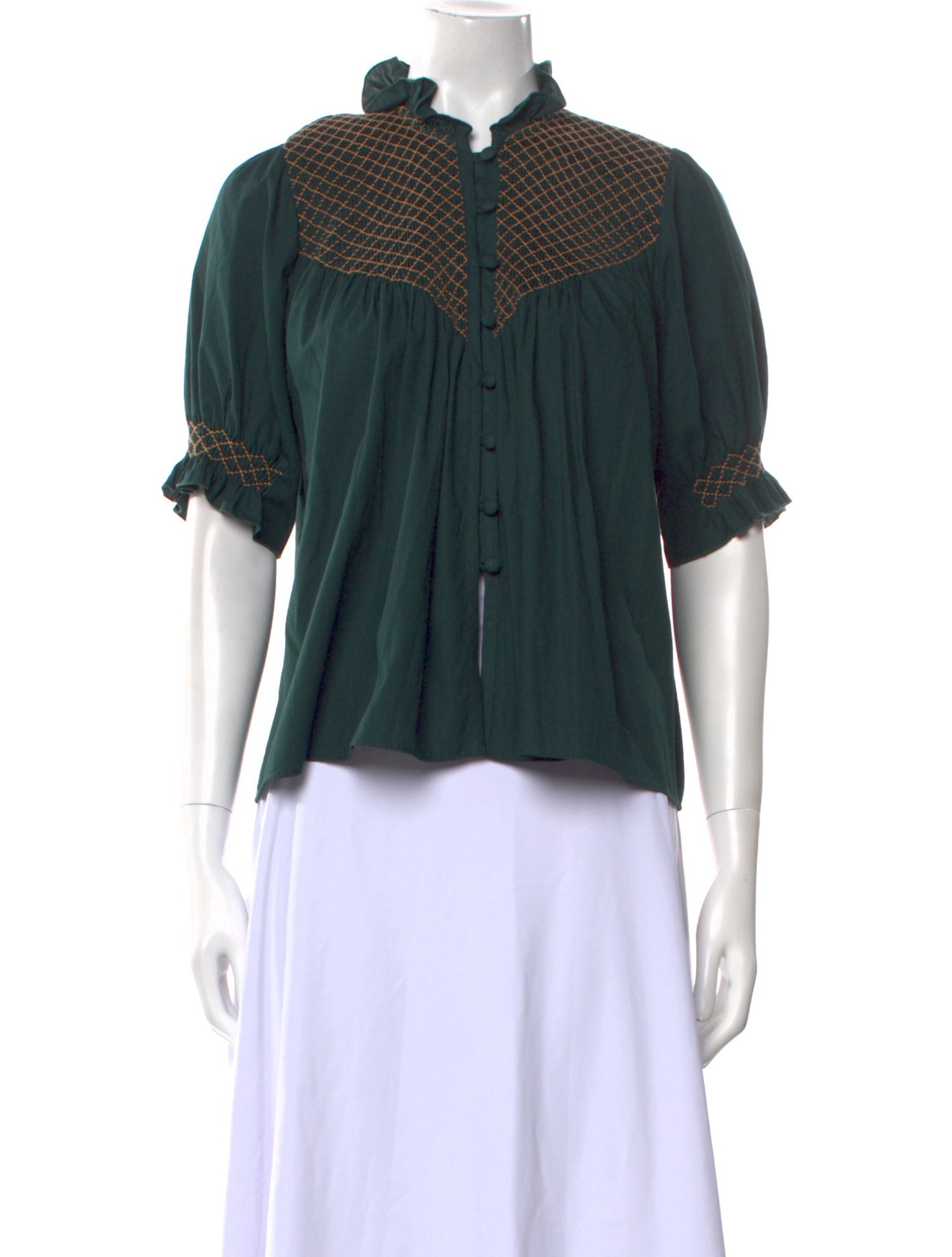 Loretta Caponi Three-Quarter Sleeve Button-Up Top