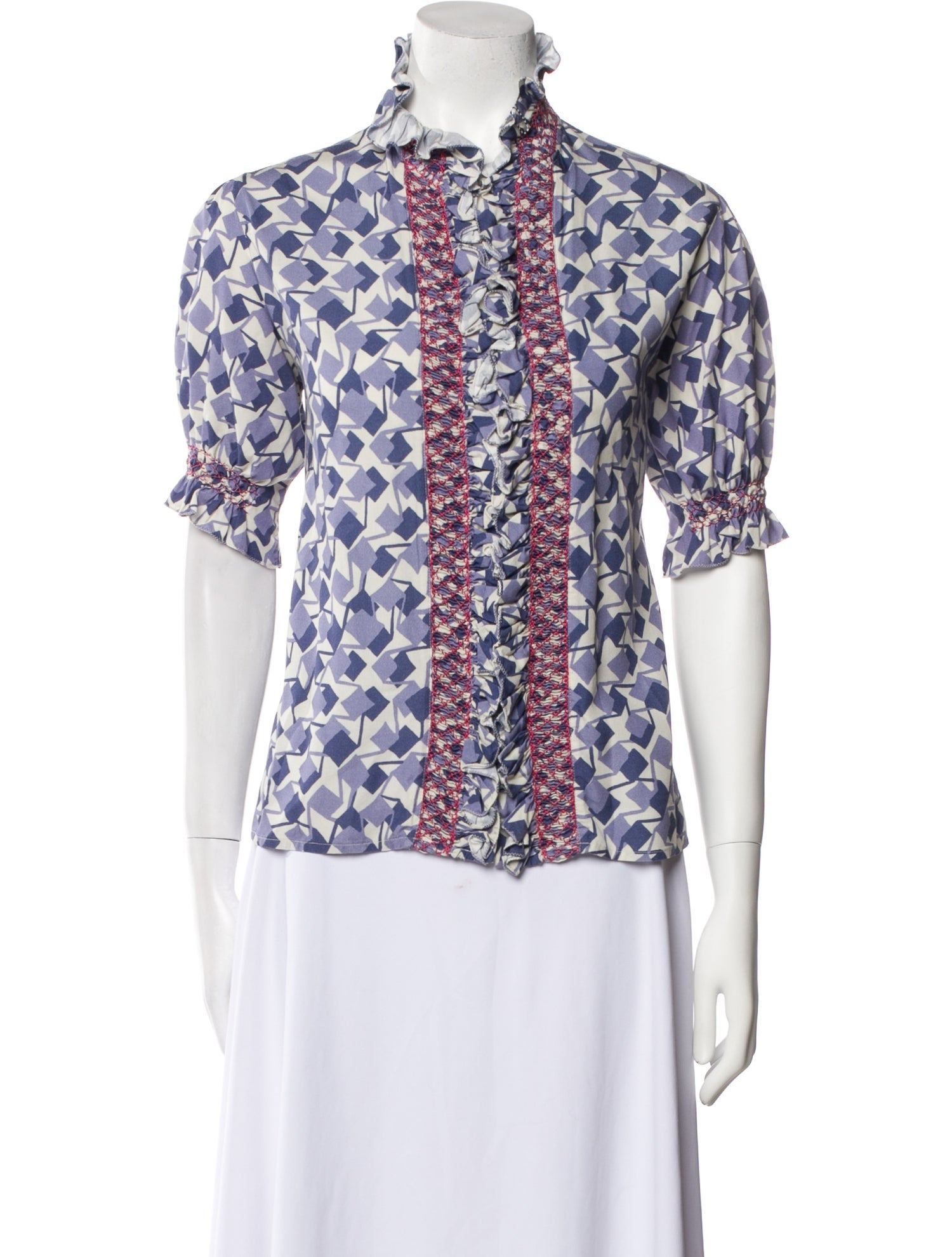 Loretta Caponi Printed Mock Neck Button-Up Top