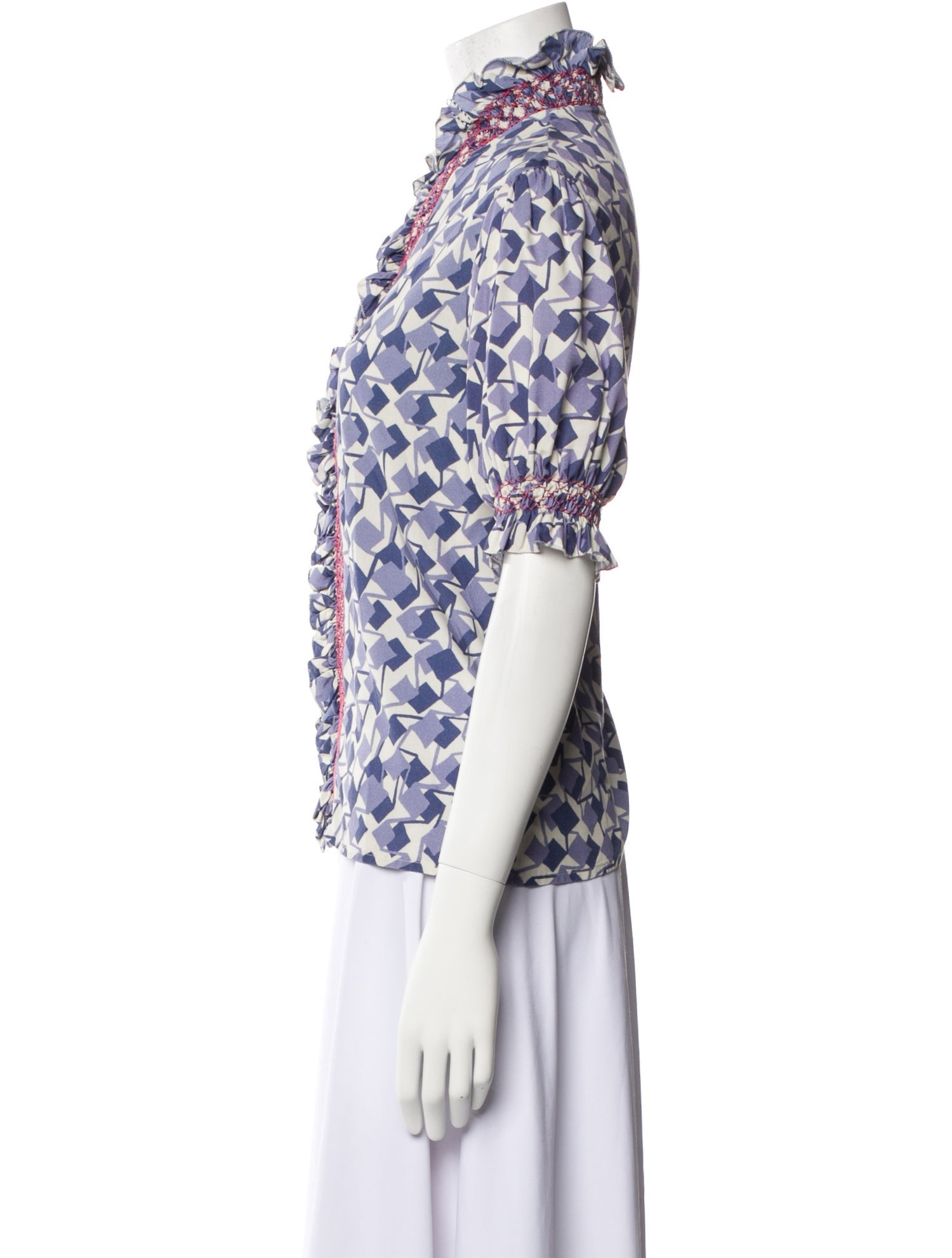 Loretta Caponi Printed Mock Neck Button-Up Top
