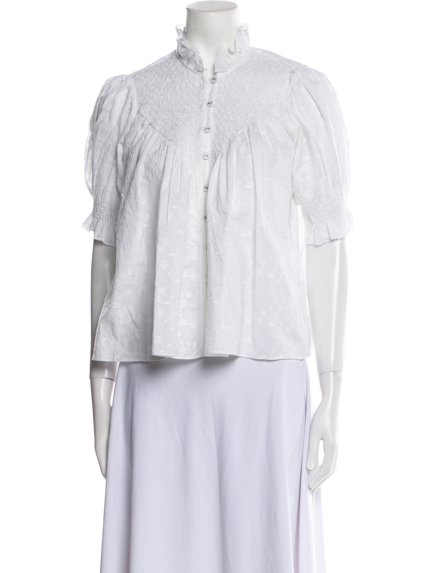 Loretta Caponi Mock Neck Short Sleeve Button-Up Top