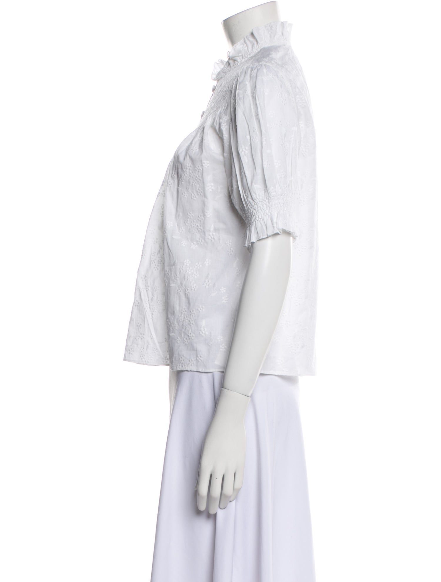 Loretta Caponi Mock Neck Short Sleeve Button-Up Top