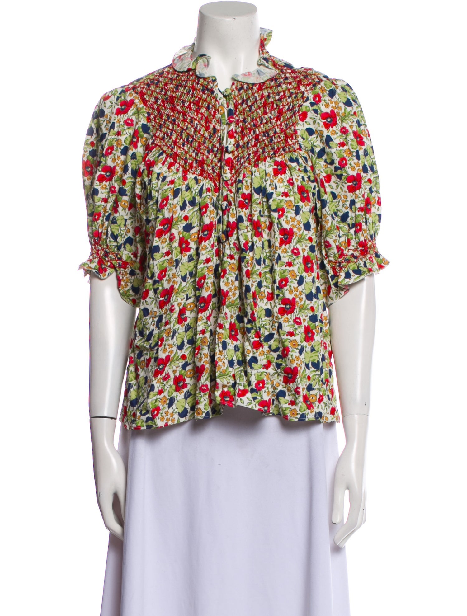 Loretta Caponi Floral Print Mock Neck Blouse