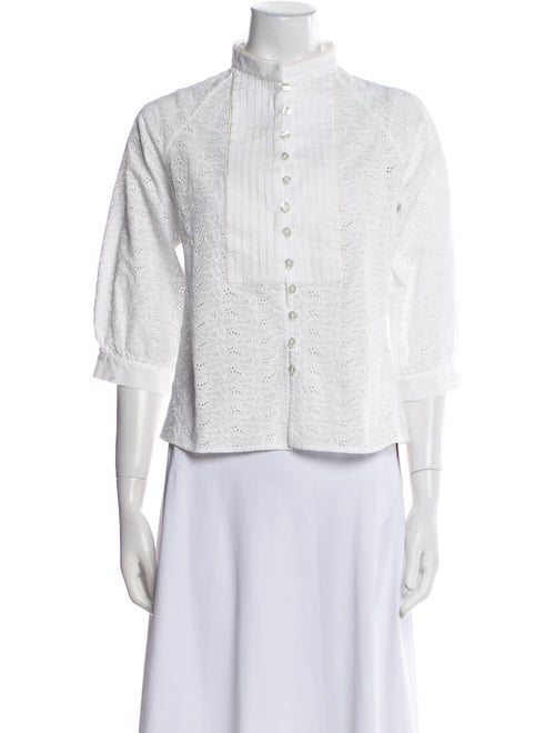 Loretta Caponi Mock Neck Three-Quarter Sleeve Button-Up Top