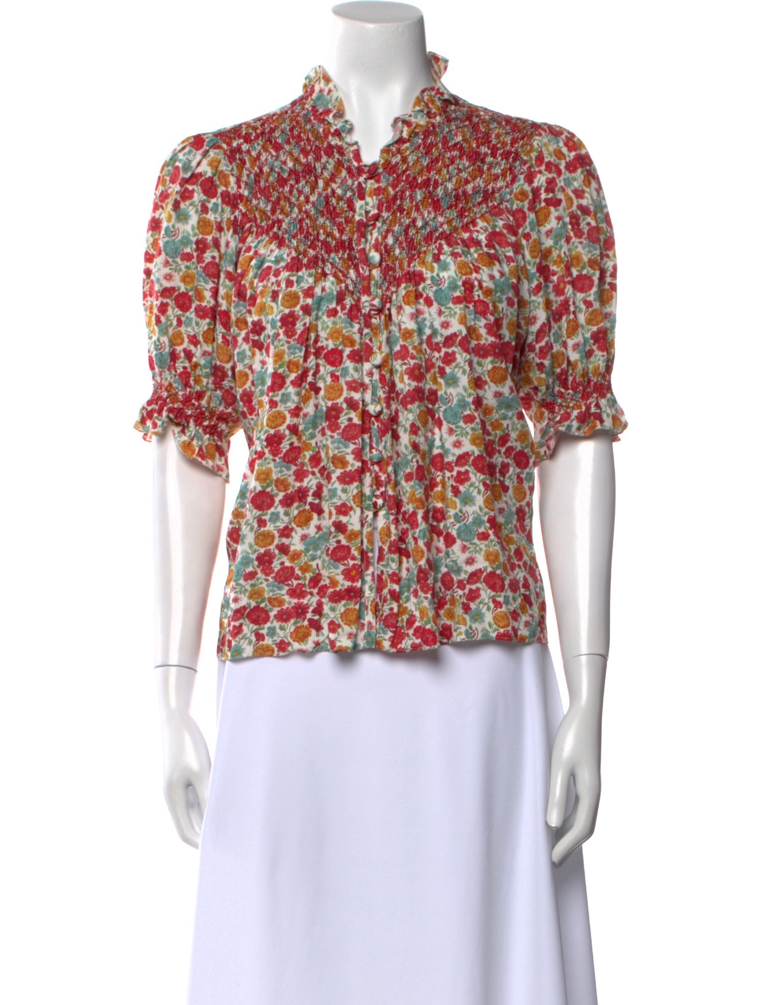 Loretta Caponi Floral Print Mock Neck Blouse