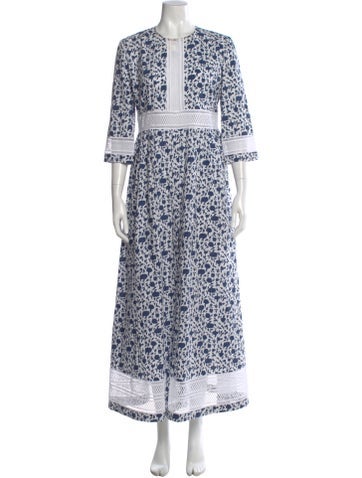 Pre-owned Loretta Caponi Floral Print Long Dress In Blue